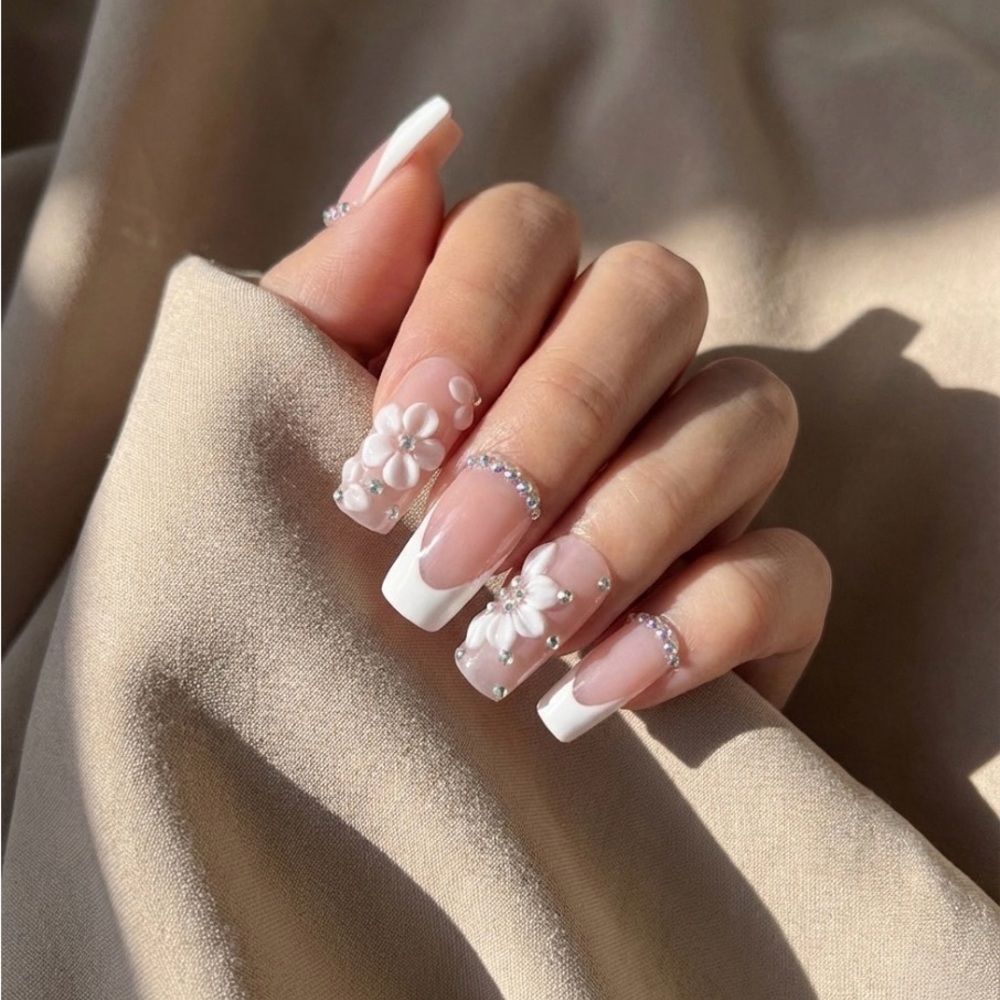Pink Sparkle Floral French | press on nails | Handmade